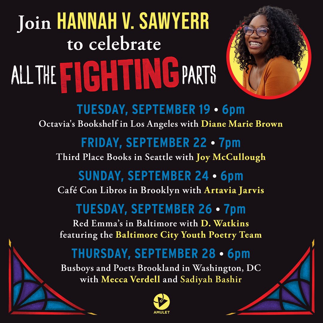LA, Seattle, NYC, Baltimore, &amp; DC! ✨ Come celebrate ALL THE FIGHTING PARTS on TOUR WITH ME! 🥳📚

So THRILLED to launch ATFP with Diane, Joy, Artavia, D, Mecca, &amp; Sadiyah! 🙏🏾❤️ and BCYPT opening in Baltimore means the 🌎 to me!!!!🎙️❤️

Event Registration: hannahsawyerr.com/events