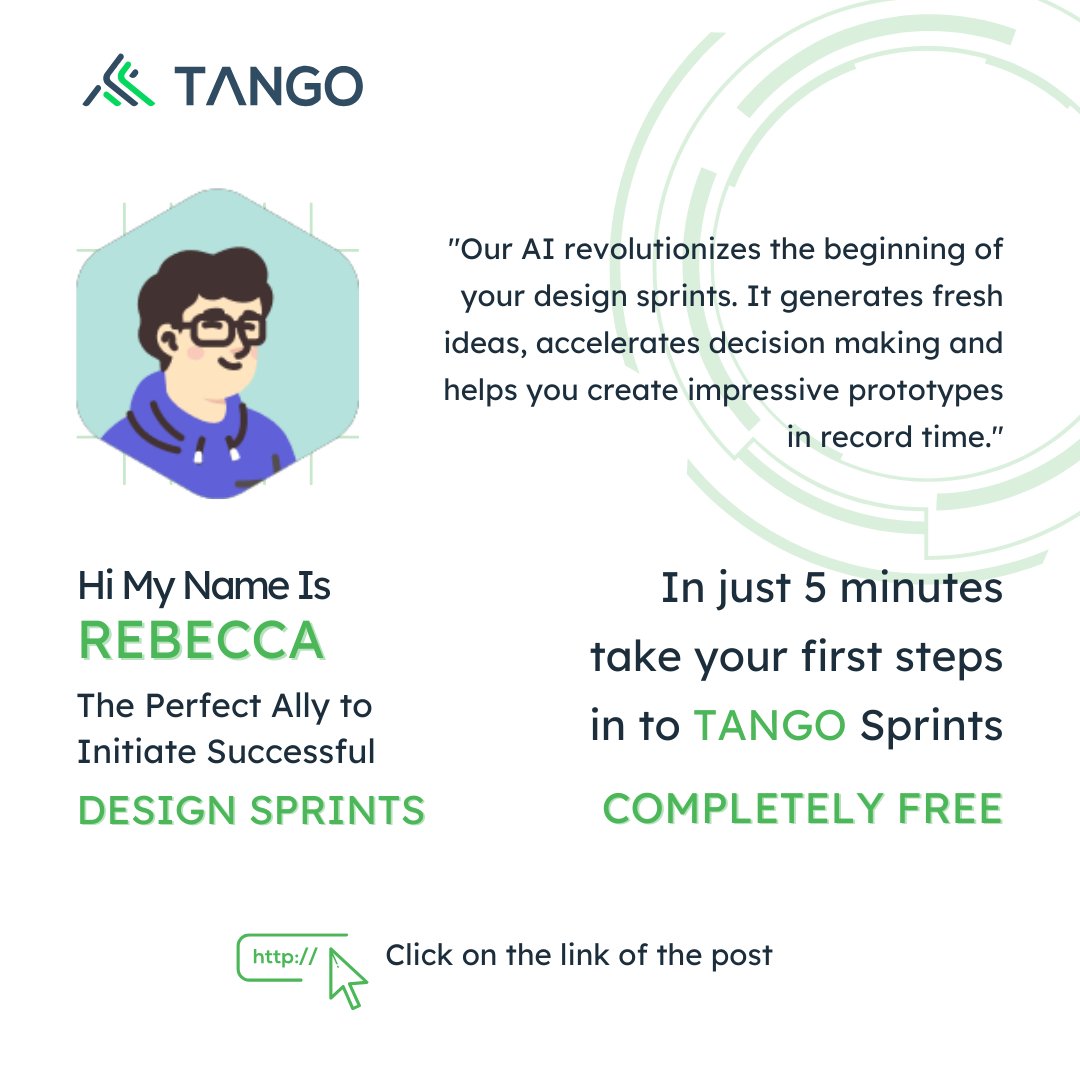 Tired of staring at a blank canvas? Our AI jumpstarts your design sprint in just 5 minutes!

Quick Start
Unlimited Ideas
First Steps Guidance

info.tango.io/rebecca-ai/

#CreativeDesign #AI #DesignSprints #Innovation #Creativity #DigitalProductDevelopment