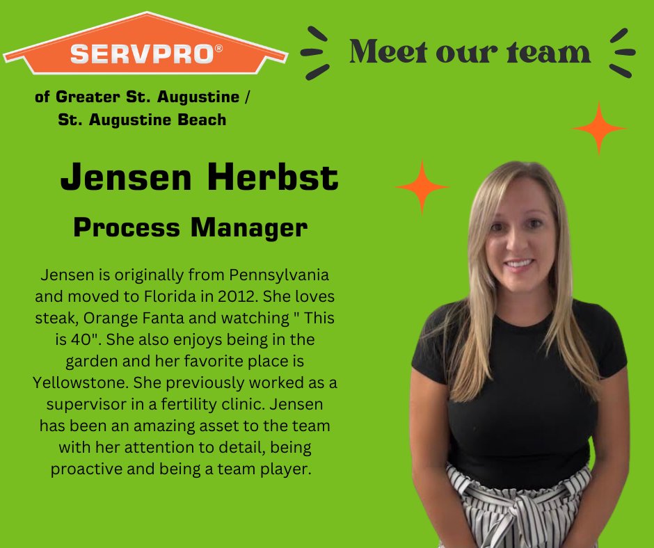 Meet our awesome team member, Jensen! 🎉 With her help with job files and processes, she helps make the office run as smoothly as possible. We are excited to show her off for this week's "meet the team" .Stay tuned for more updates!  #MeetTheTeam #servpro #reconstruction