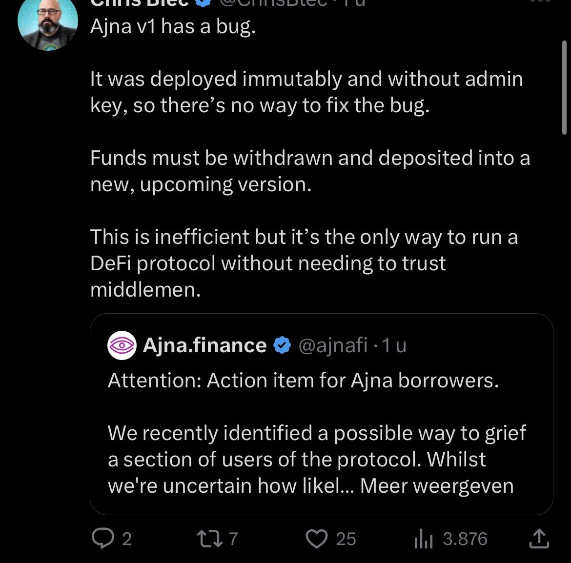 ChainlinkIntern's tweet image. Blec unironically prefers defi users to check a centralized social media site every single day in case something goes wrong over relying on chainlink oracles 🤡🤡🤡

Does he not realize this implies trusting both twitter being online and the team actually signaling the exploit?
