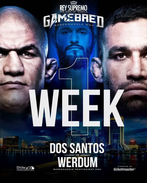GamebredFighter's tweet photo. 👊 Just One Week to Go! ⏳ The excitement is building as we're only seven days away from fight night. Prepare for a heart-pounding spectacle of raw talent and pure violence. 🩸

Junior Dos Santos Vs. Fabricio Werdum 
Mark your calendars - witness history LIVE, in person on September 8th at the @vystarvetarena!
Tickets on sale now - purchase yours through our link in bio! 👊🩸

Presented by @reysupremousa 

🗓️ Friday, September 8th 
🎟️ https://t.co/SleII6KSC0 
🏟️ VyStar Veterans Memorial Arena 
📍 Jacksonville, FL