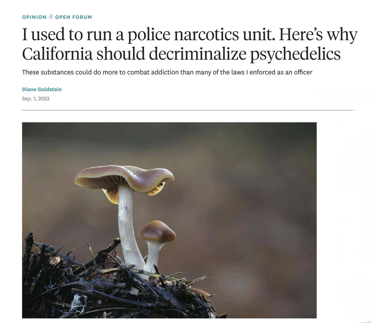 Scott_Wiener's tweet photo. Our bill to decriminalize personal use of mushrooms &amp; plant-based psychedelics (SB 58) is nearing the finish line.

As this retired narcotics officer explains: We need to pass this bill &amp; stop criminalizing these substances, which aren’t addictive &amp; can make people healthier. https://t.co/NYMSuHDKlr