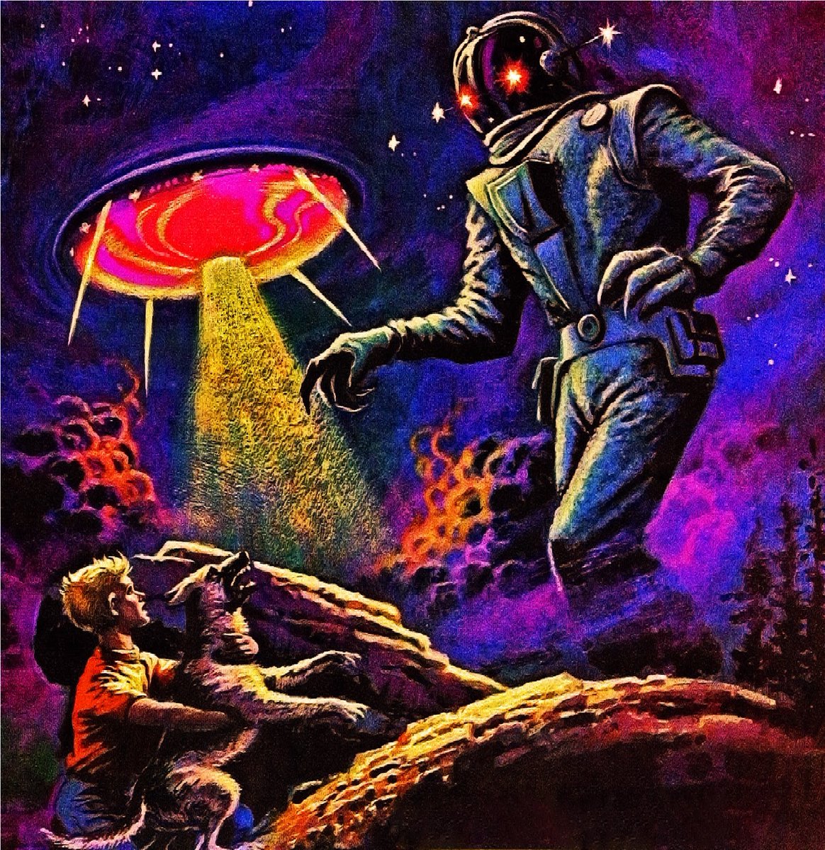 70sscifi's tweet photo. Reposting this awesome color-saturated version of the cover art to Gold Key's "UFO Flying Saucers" #5 — I previously attributed it to George Wilson, but this is actually the work of Argentine illustrator Luis Dominguez! https://t.co/NsrKPbOMms
