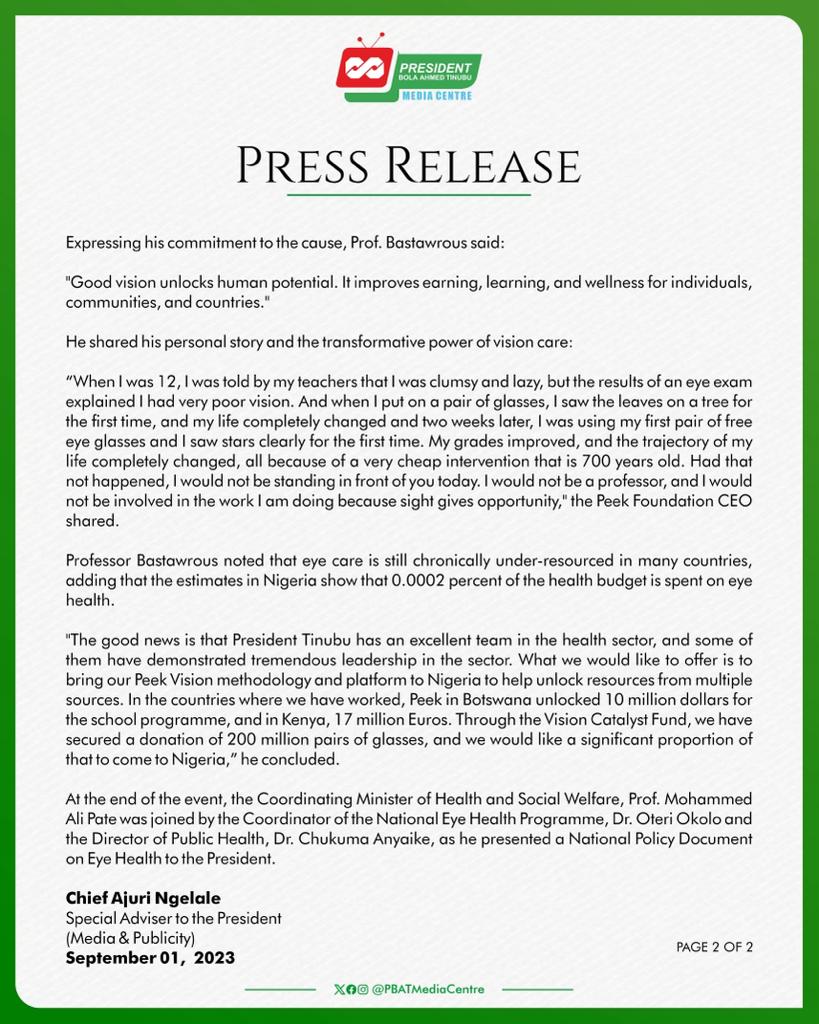 FortunateAyoade's tweet image. H.E President Bola Ahmed Tinubu @officialABAT approves an initiative to provide Five Million Eye Glasses to Nigerians with sight impediments.

.....Jigi Bola is here again.

#VillaToday
#RenewedHope