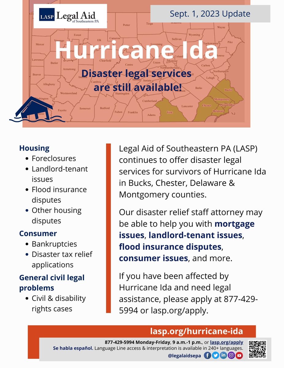 LegalAidSEPA's tweet image. 2-year anniversary of Hurricane Ida🔸LASP continues to help low-income survivors

Natural disasters cause legal problems that last years. LASP continues help low-income survivors with legal problems from Ida.

lasp.org/news/hurricane…

#HurricaneIda #DisasterLegalAid