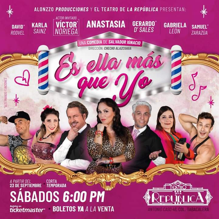 ¡Vuelve "Es ella más que yo"!
A partir del 23 de septiembre
Sábados 6pm
¡Muy corta temporada!
Teatro de la República (Antonio Caso 48, Tabacalera)
Prod: <a href="/MiguelAlonzzo/">Miguel Alonso</a>