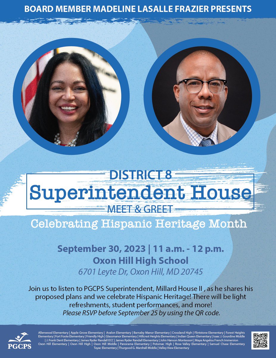 September 30th, 2023 
Join Superintendent House as he visits district 8 to discuss his vision for <a href="/pgcps/">PGCPS</a> and helps me celebrate Hispanic Heritage Month! #District8isGREAT