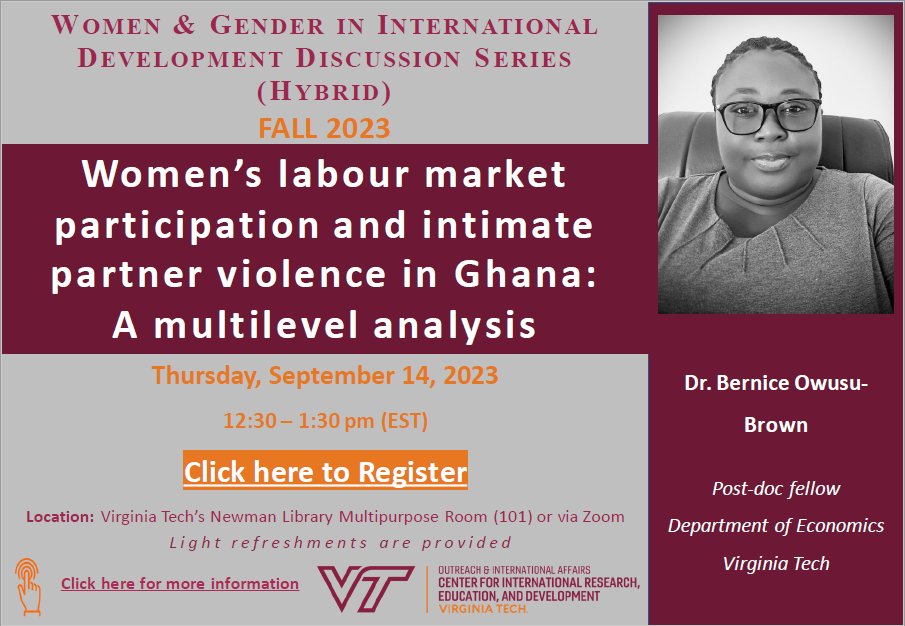📢Join us for a discussion on Women's Labour Market Participation and Intimate Partner Violence in Ghana: A Multilevel Analysis with Dr.<a href="/nanabena09/">Bernice Owusu-Brown (Ph.D)</a>  at the WGD Discussion Series!

🗓️Sept 14, 2023
⏰12:30 - 1:30 pm (EST)
📍Virginia Tech &amp; Zoom
🔗Register: bit.ly/3YWg0X3