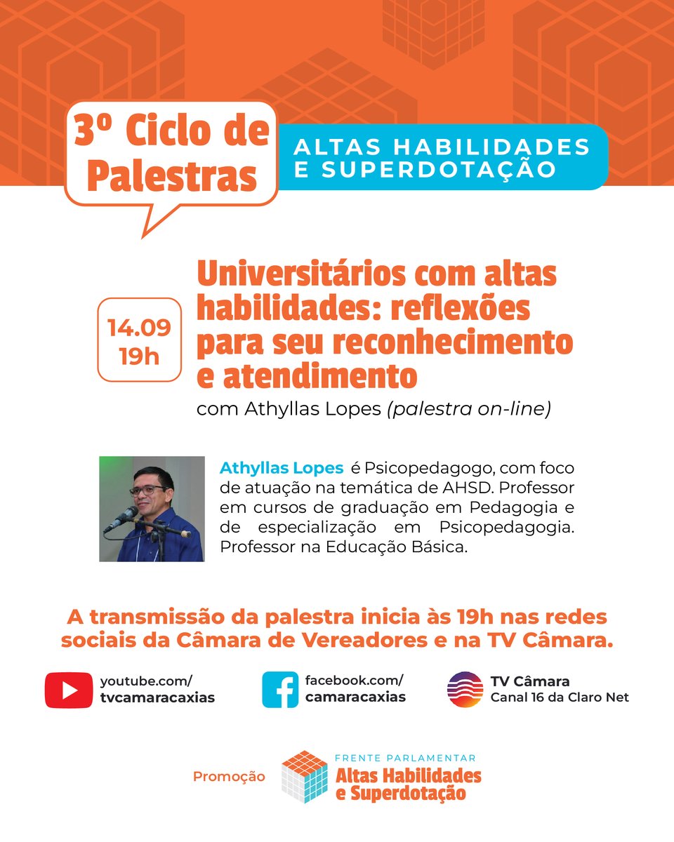 marisol_santoss's tweet photo. O especialista que conversa com a gente esse mês é Athyllas Lopes, psicopedagogo com foco em altas habilidades. Athyllas vai falar sobre um público muito importante: universitários. É dia 14/09, 19h, nas redes sociais da @camaracaxias e na TV Câmara, no canal 16 da Claro NET. https://t.co/GejaNgDpb0