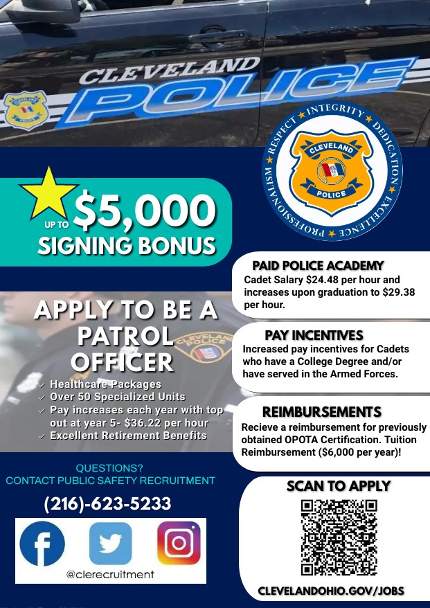 CleRecruitment's tweet photo. Apply today for the Cleveland Division of Police!!! 
**Paid Academy @ $24.48 hr.**Up to $5,000 Signing Bonus**Higher starting pay after academy for those with a college degree or who served at least 180 days on active duty.**Tuition Reimbursement for OPOTA certificate.** https://t.co/nZndtf8eJ0