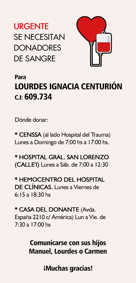 carmenruizc's tweet photo. ¡Hola todos! Mamá está necesitando 18 donadores de sangre de cualquier tipo, debido a una cirugía de alta complejidad a la que debe someterse el lunes a primera hora. 
Contamos con ustedes y les pedimos que también la tengan en sus oraciones ❤️ https://t.co/MQoMAgw6nU