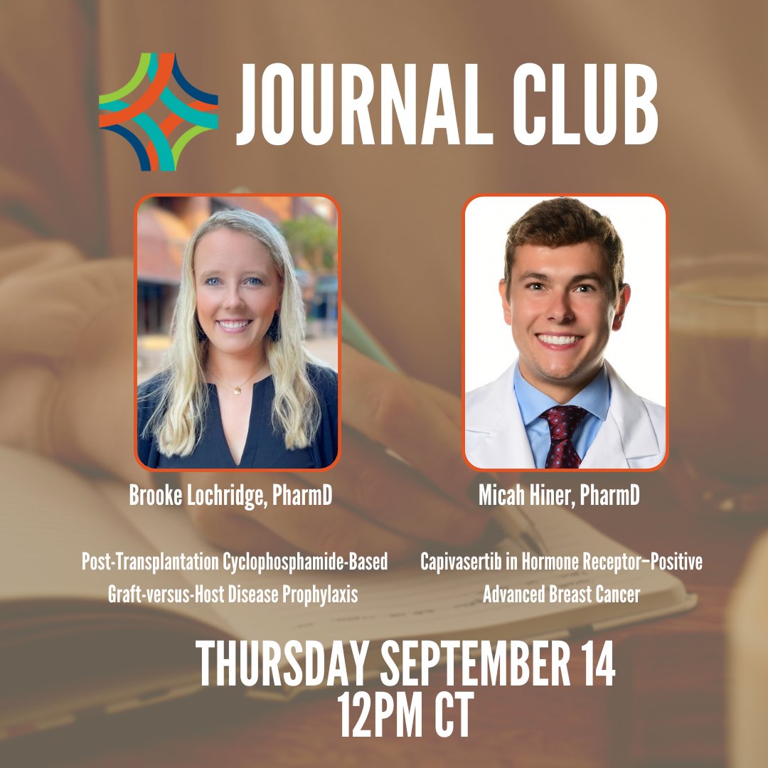 Just under 2 weeks until the next edition of Journal Club! Join @brookew828 and Micah Hinder for critical evaluations of hematology/ oncology pharmacy publications. Thursday September 14 at 12pm CT. More info at bit.ly/44gLY17