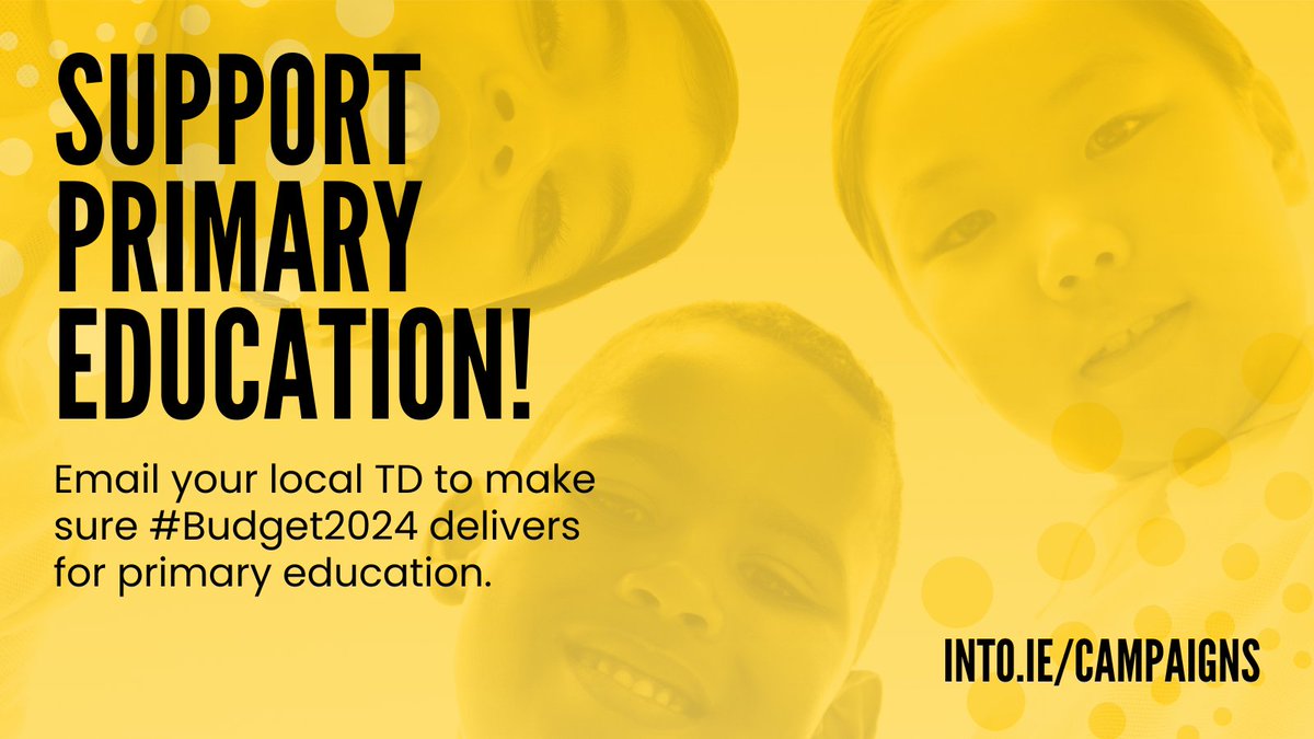 INTOnews's tweet photo. 🗣️ Contact your TD today and explain why #Budget2024 must support primary education. Immediate investment is needed to reduce class sizes, otherwise, pupils from disadvantaged areas will fall further and unnecessarily behind. 
💻 Send your message here: https://t.co/MUrEAOFcLi https://t.co/d2kYxnl94o