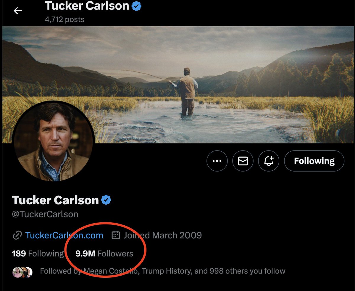 Tucker Carlson is about to cross 10M followers on X.

This makes Tucker far-and-away the most followed independent journalist on the planet.

Tucker's show on X gets an average of 50M views and has carries massive cultural, news breaking relevance.

The Matrix is broken.