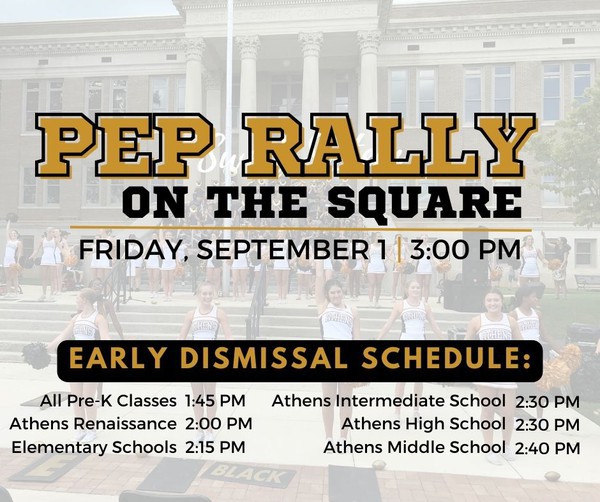 AHS_Alabama's tweet photo. PEP RALLY ON THE SQUARE TODAY! Catch the #goldeneaglespirit at the annual Pep Rally on the Square!  This #community #tradition commemorates the first home game of the season. #goeagles🏈 #goband #gocheer #godance #oneAthens https://t.co/8ZbHoA7WFQ
