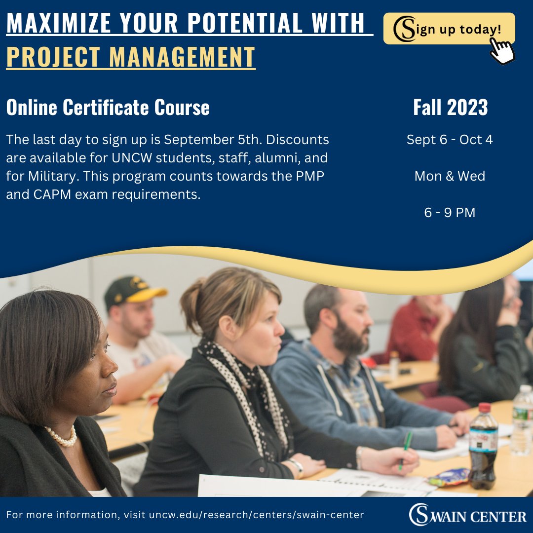 It’s the last chance to sign up for the next Project Management Certificate program starting September 6th. 

Sign up at: uncw.edu/.../swain.../p…
#pmp #capm #projectmanagement #execed #elearning