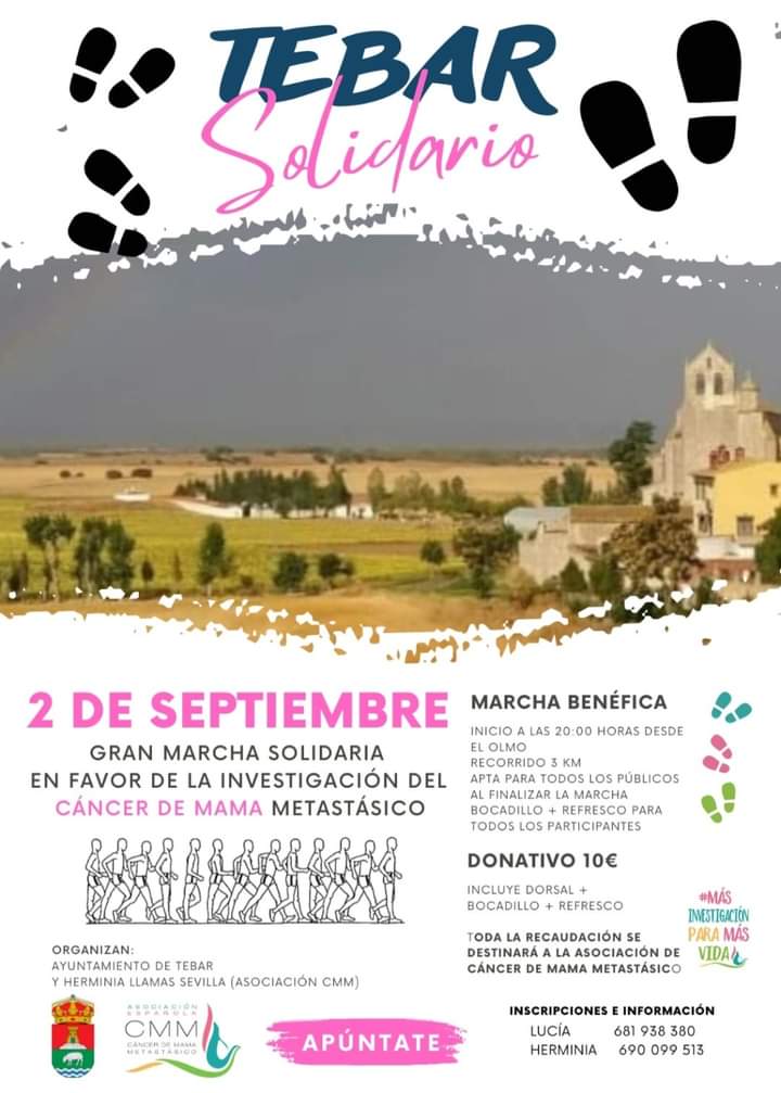 CMMetastasico's tweet photo. 📣Nuevo evento solidario en #Tebar #Cuenca, el 2 de septiembre. #MásInvestigaciónParaMásVida contra el #CáncerMamaMetastásico https://t.co/w5mDsIb02L