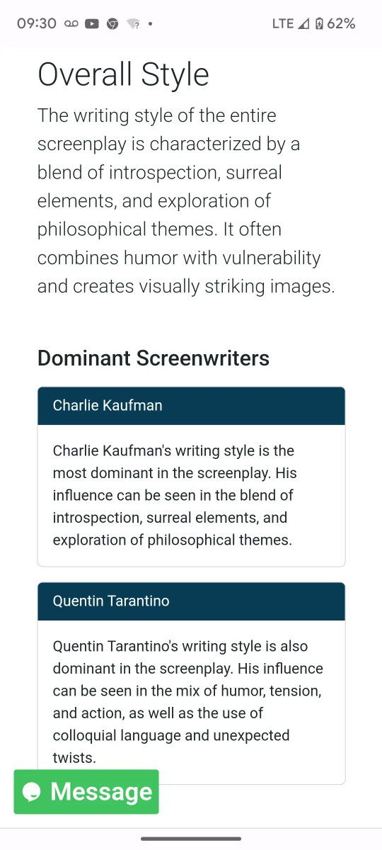 ScriptReaderAI's tweet image. Who's style does your screenplay most resemble?
#screenwriting #AI buff.ly/3O6HtAj
"The screenplay also showcases the influence of other screenwriters such as Wes Anderson, Greta Gerwig, Christopher Nolan, and Spike Jonze"