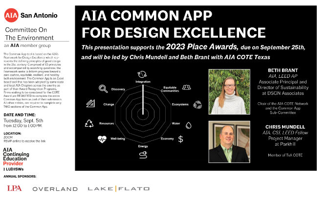 Would you like to learn more about the AIA Common App? bit.ly/3EoeHXs

...then sign up for a free virtual event presented by Beth Brant, AIA, and <a href="/ctmundell/">Chris Mundell  AIA, LEED Fellow</a>!

<a href="/AIANational/">AIA</a> 
<a href="/AIA_COTE/">AIA COTE</a> 
<a href="/TXArchitects/">Texas Society of Architects</a> 
<a href="/AIA_SA/">AIA San Antonio</a> 

Annual sponsors:
- <a href="/LakeFlato/">Lake Flato Architects</a> 
- <a href="/OverlandPartner/">Overland Partners</a> 
 - <a href="/LPAinc/">LPA Design Studios</a>