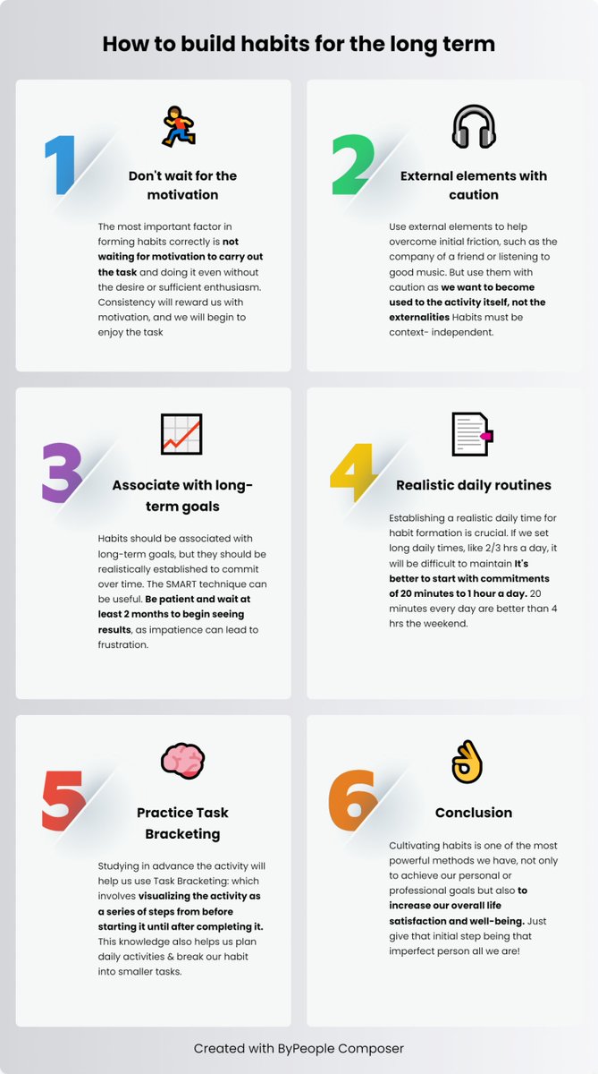 I have been able to establish long-term habits (writing, cardio, resistance exercise, playing various instruments) with a mix of experience and research.

Here are what I consider to be the most important points so you can form habits that stick in the time.
Poster included🤗