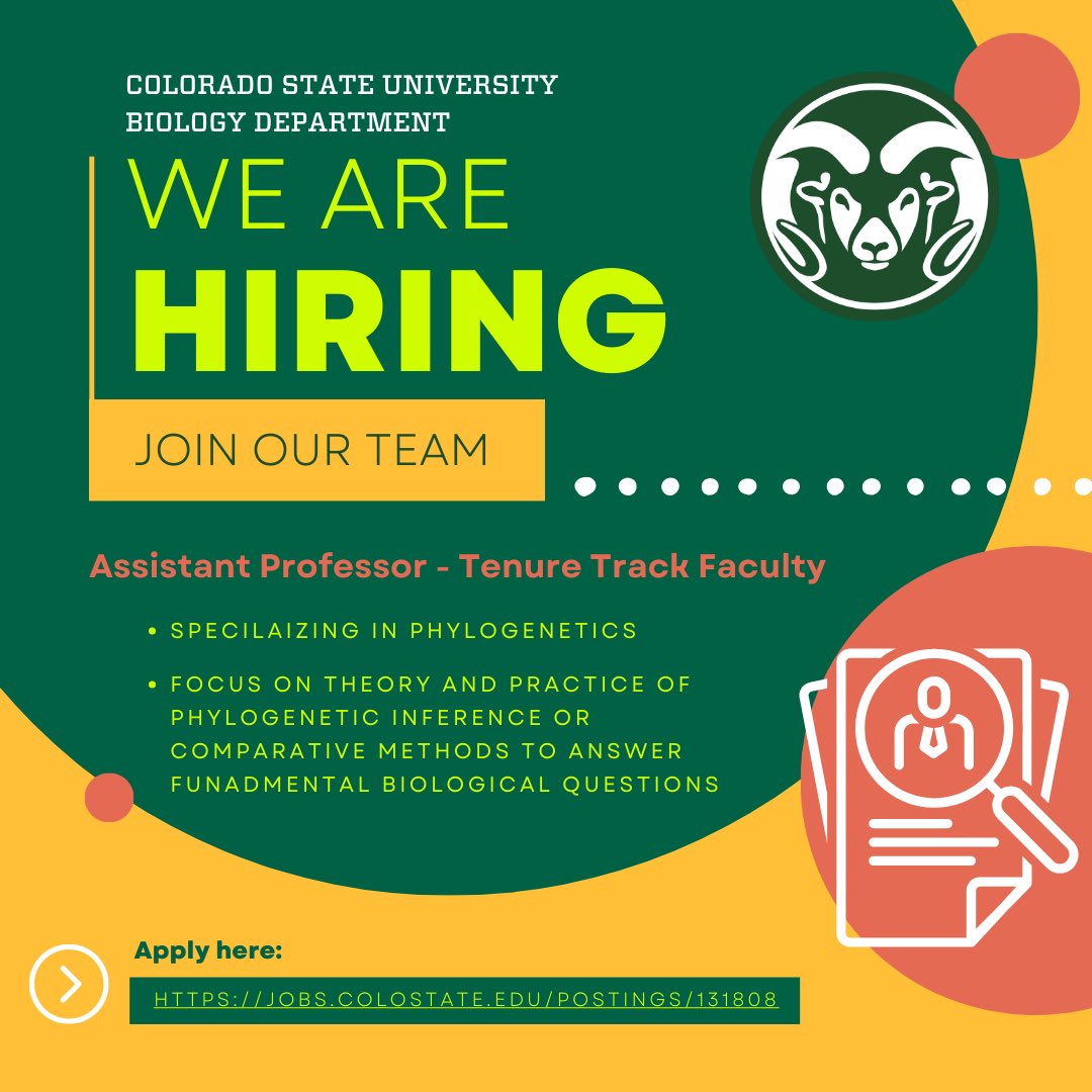 We’re looking for an Assistant Professor specializing in #phylogenetics! Apply now and find your #DifferenceMaking, #ChallengeAccepted energy with #CSUBiology: jobs.colostate.edu/postings/131808 CSU is an EO/EA/AA employer and conducts background checks on all final candidates.