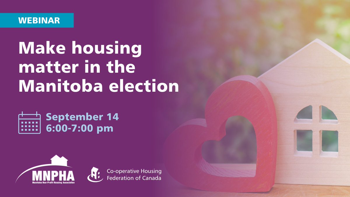CHFCanada's tweet image. Next month, Manitobans will vote in the provincial election. Join co-op and non-profit housing advocates for a webinar about how we can make access to affordable housing an election issue. 

📅Sept 14 at 6:00 pm CT
▶  Register: bit.ly/3r4xbZI 
#MBelxn23 @MNPHAssociation