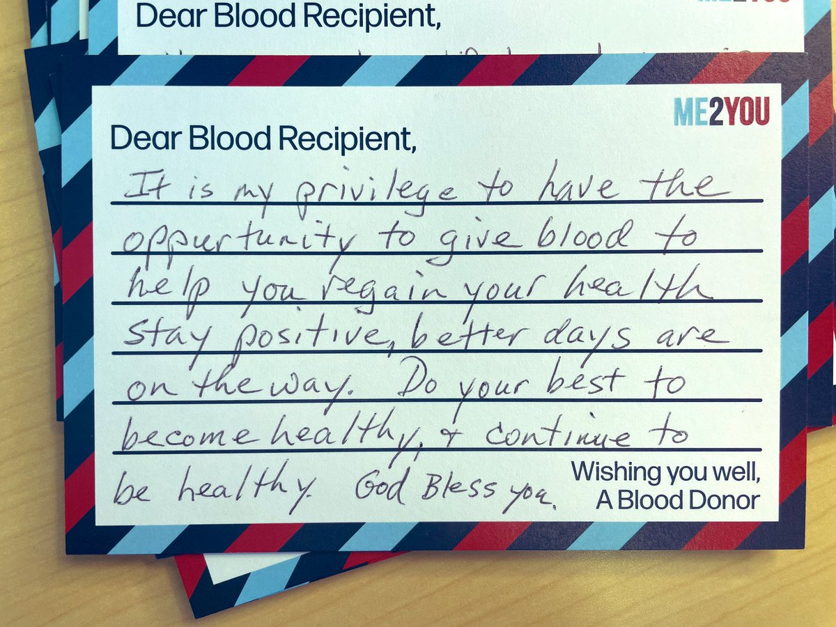 HermelinMD's tweet photo. Me2You Cards from donors wishing blessings and thoughts of wellness to anonymous blood recipients.
It’s enough that they give, but then they take the time to give more 🥲 https://t.co/wuNaxbP6RS
