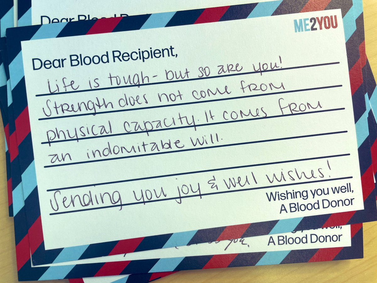 HermelinMD's tweet photo. Me2You Cards from donors wishing blessings and thoughts of wellness to anonymous blood recipients.
It’s enough that they give, but then they take the time to give more 🥲 https://t.co/wuNaxbP6RS