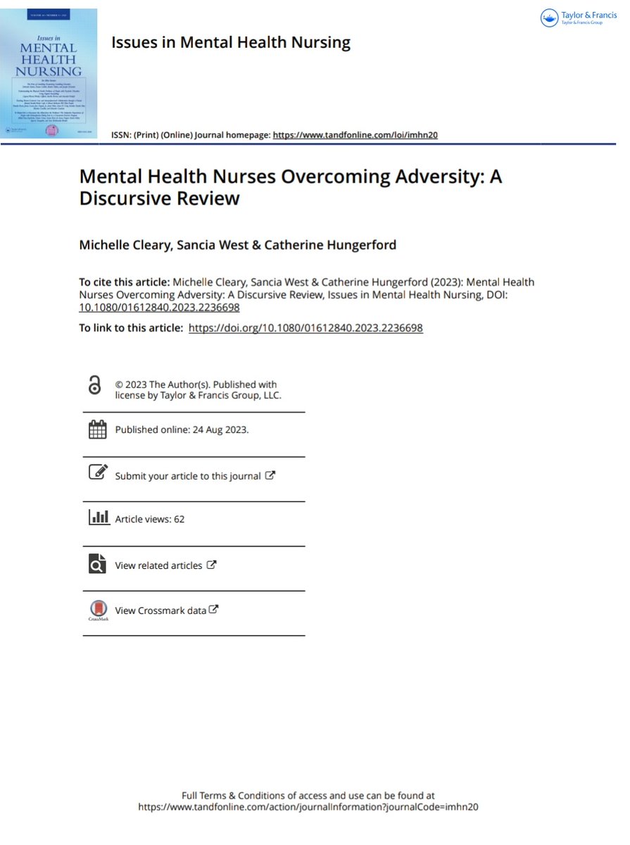 StreetTreck's tweet photo. 𝓢𝔱ᖇ𝐞Ⓔţ 𝐓𝓻Ⓔᶜ𝓀  #54
✍️M.Cleary et all (2023) #Issues in #MentalHealthNursing #August2023

"#MentalHealthNurses #Overcoming #Adversity: A #Discursive #Review"

#MentalHealth #StreetTreck🛤️
#DOI:10.1080/01612840.2023.2236698
https://t.co/rp5A9LMZMv https://t.co/prtYRuymkI https://t.co/kvc1zD6U36
