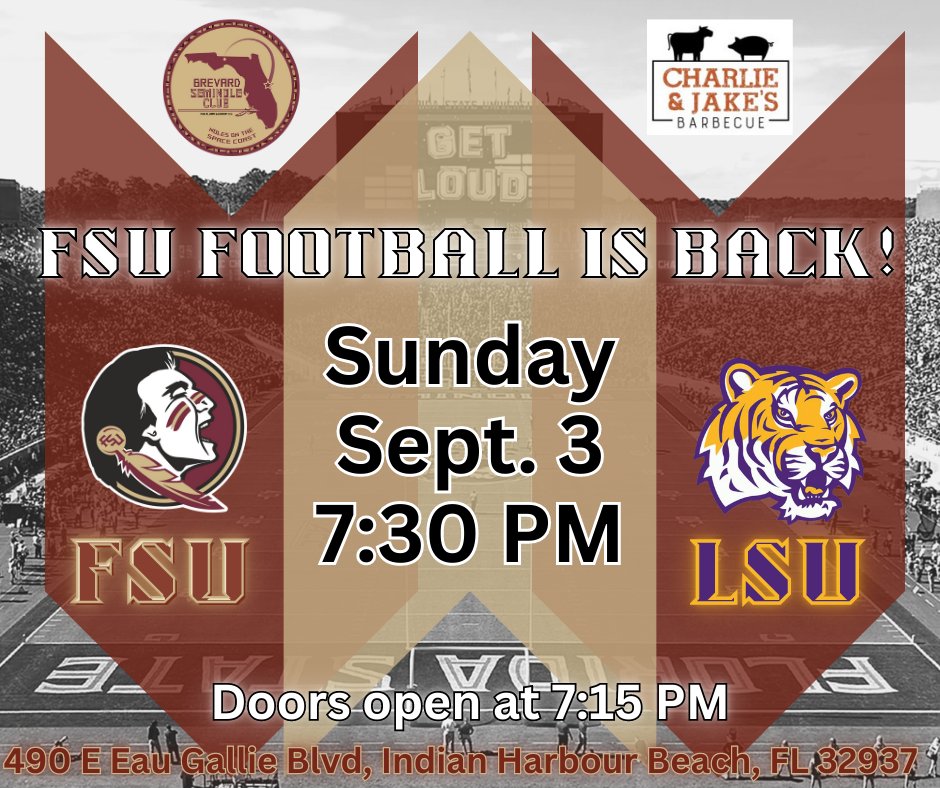brevardnoles1's tweet photo. ONLY 2 MORE DAYS TO SEMINOLE FOOTBALL! Join us at Charlie &amp; Jake's Bar-B-Que to cheer the Noles take on the LSU Tigers on Sunday evening at 7:30PM!
Doors open at 7:15PM to mix &amp; mingle, door prizes, BSC merchandise, food and drink and SEMINOLES FOOTBALL! ALL Alum &amp; Fans Welcome! https://t.co/OUAfrvyxDC