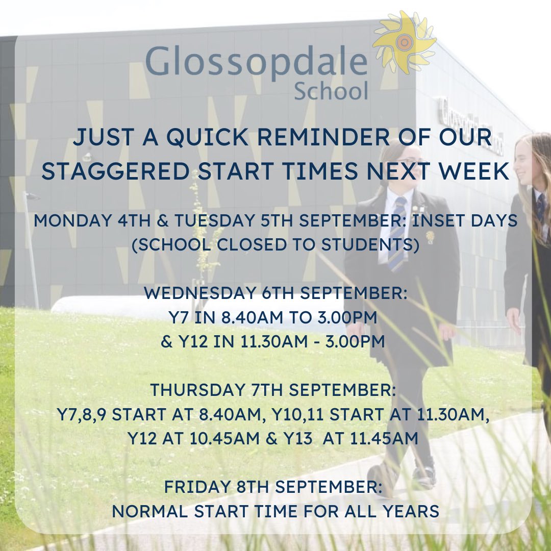 We’re looking forward to the start of the new school year and to welcoming our new year 7 students! Please see below all the information. 
#glossopdaleschoolandsixthform
#newschoolyear