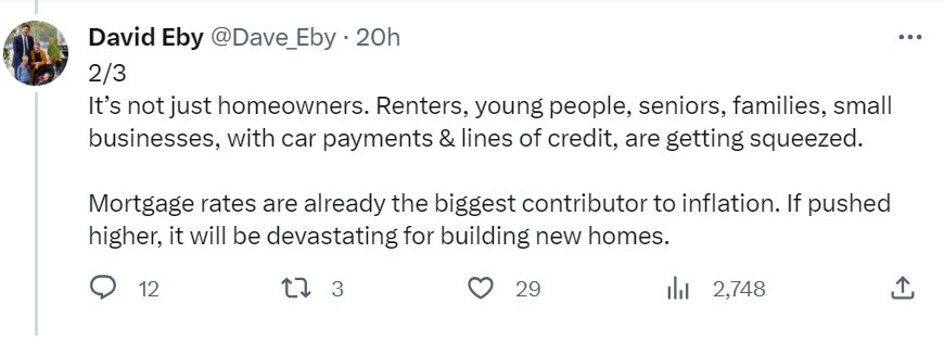 Vancouvernomics's tweet photo. So let's get this straight. Eby is saying that the BOC raising rates to curb inflation, is a driver of inflation? https://t.co/iDKHiiDceu