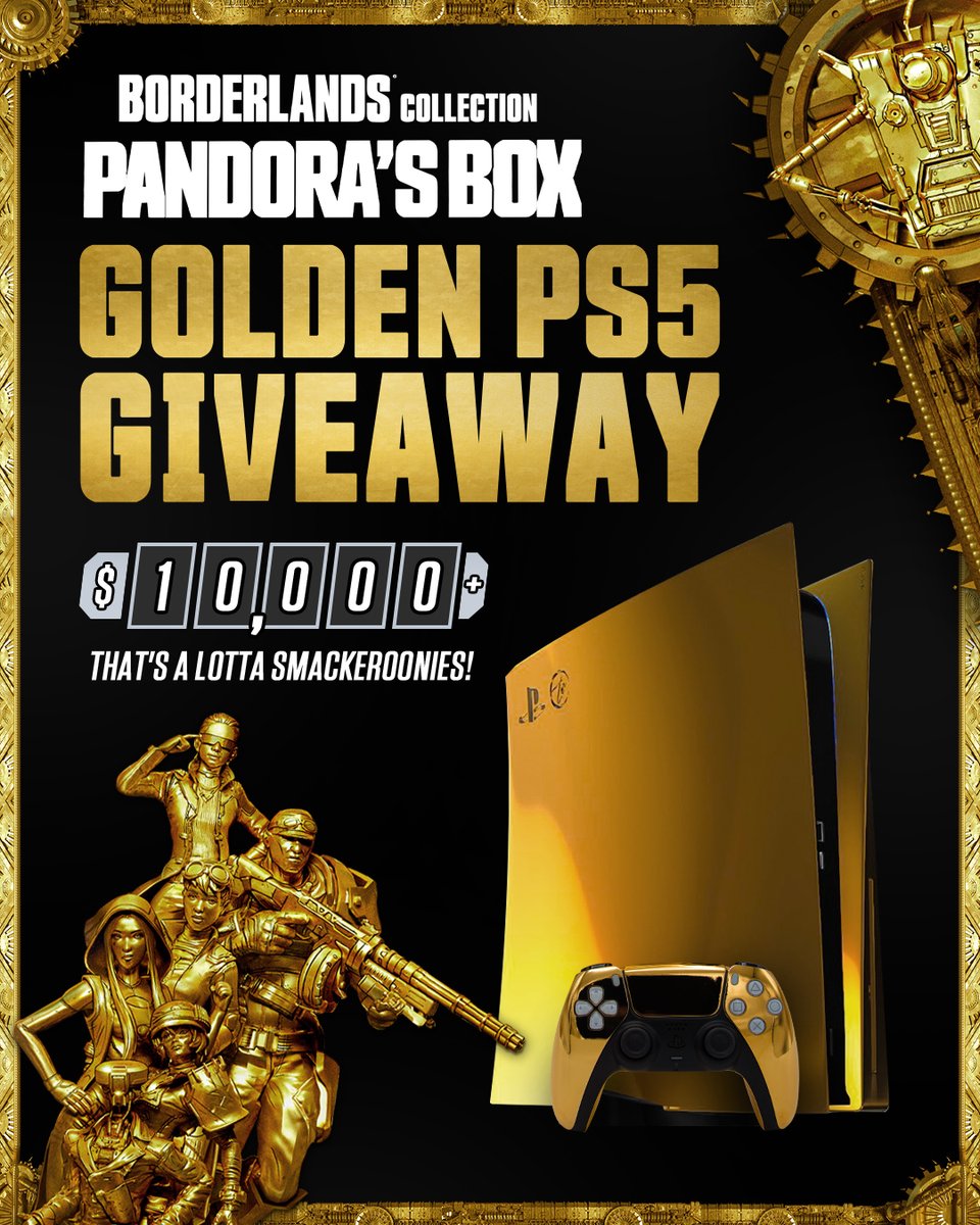 🌟 24K GOLD PS5 GIVEAWAY 🌟 The vault has been looted and a 𝐆𝐎𝐋𝐃 𝐏𝐒𝟓 worth over $10K has been found and is up for grabs. Follow @Borderlands, like this post, and RT for your chance to win this 24K GOLD PS5 Terms ➡️ 2kgam.es/BorderlandsGol…