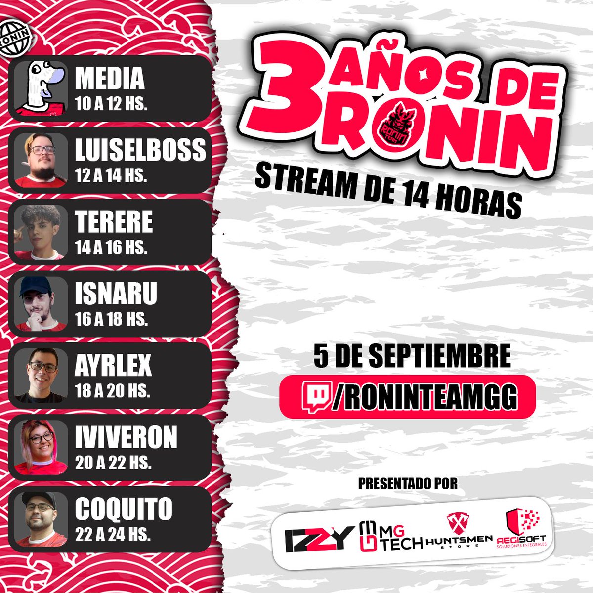roninteamgg's tweet photo. #3AÑOSDERONIN
Ya llega nuestro tercer aniversario y para festejar vamos a estar haciendo un stream especial en nuestro canal de twitch.
14 horas con nuestros streamers favoritos además de sorteos durante el stream.

📺https://t.co/gNRpYOiz36
⏰10:00 a 00:00 🇵🇾

#SaveTheDate https://t.co/lj5ZSTxlSv