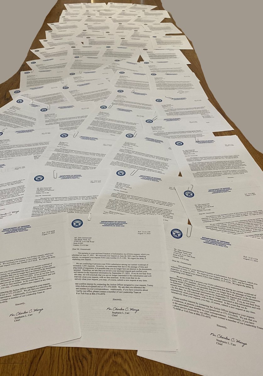 The end of the fiscal year is nigh!

Here's my hallway filled w/ #FOIA "still interested?" letters I received from the DoD just this week!

These cases go back 10 1/2 YEARS, and I have about 30 days to respond to all and express interest, or they close the case and I start over.