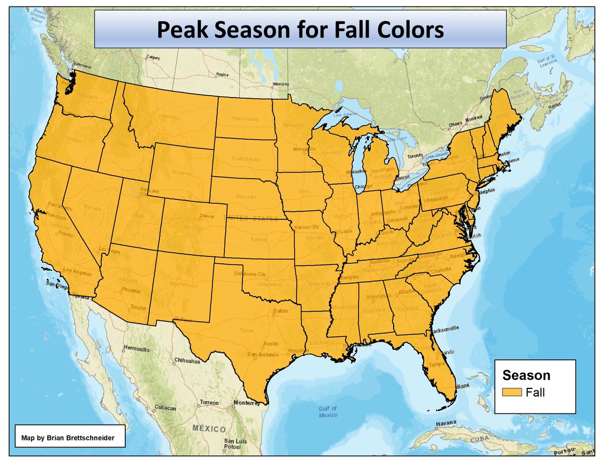 Map showing the peak season for fall colors. 🍂