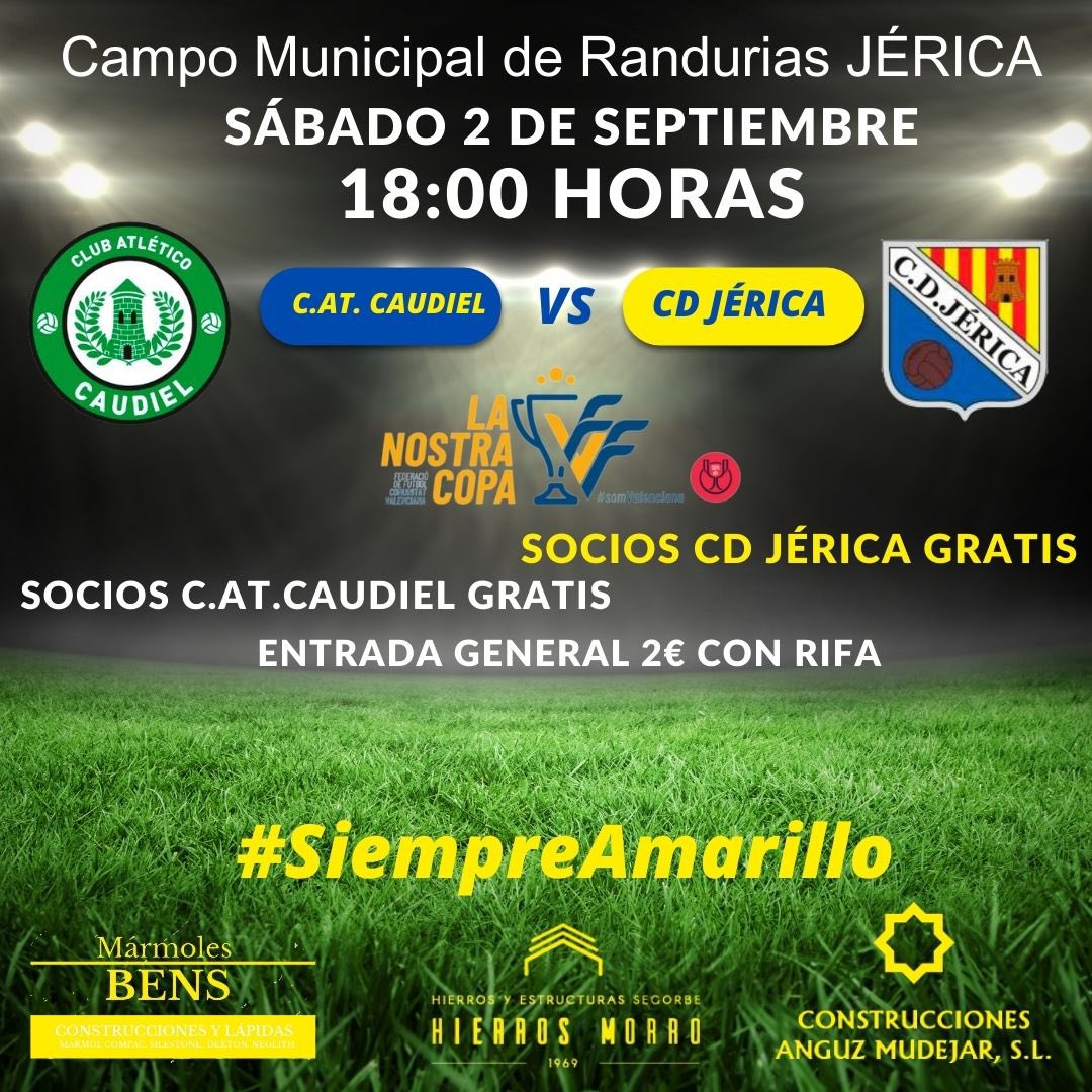 cdjerica's tweet photo. 🚨INFORMACIÓN IMPORTANTE🚨
✅Debido a que el @catcaudiel está reformando su campo de fútbol, el @cdjerica le ha cedido su campo para que pueda disputar sus partidos.
🏆Por ello en el partido de mañana de #LaNostraCopa, el CD Jerica jugará como visitante. #SiempreAmarillo https://t.co/FppL1vbX8O