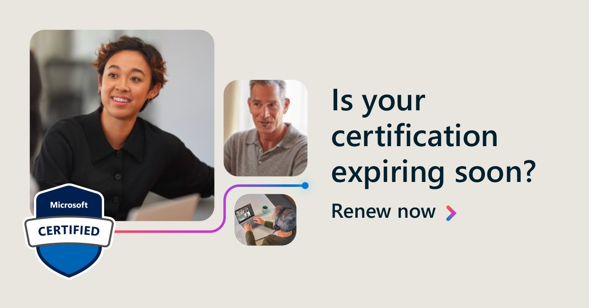 MicrosoftLearn's tweet photo. Is your #MicrosoftCertification up for renewal? 👀

Validate your skills and boost your career with free certification renewal. 🏆 Check your renewal timeline on #MicrosoftLearn: https://t.co/W6xgzZkg0I https://t.co/620Rw4trGM