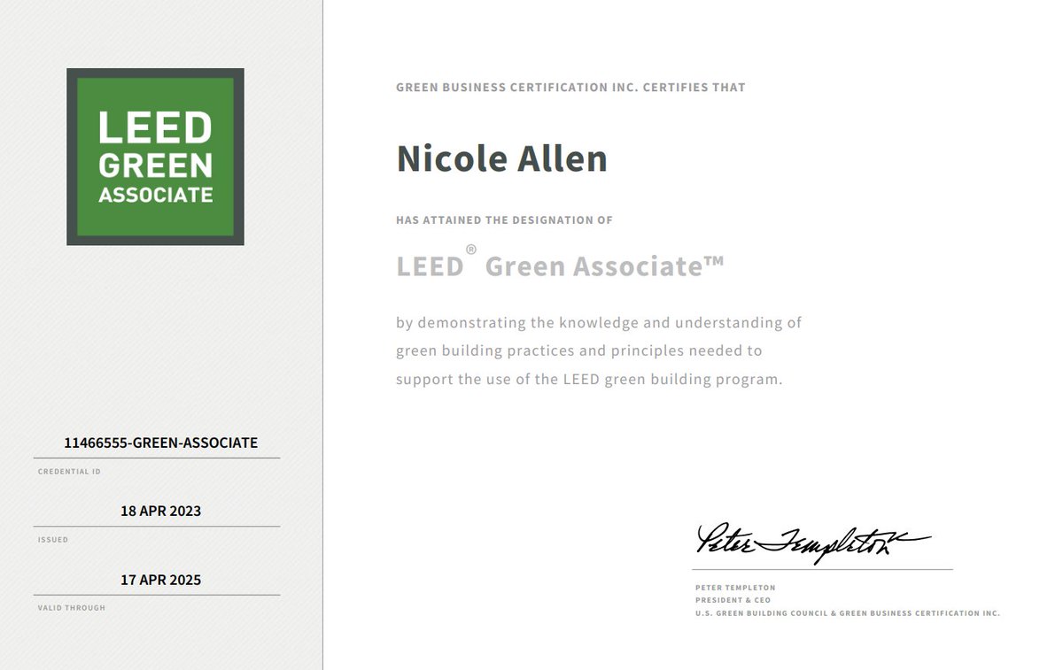 AllenNorrisPI's tweet image. Hard work pays off. After 3 months of studying, countless quizzes, and a fantastic teacher at DCSEU, I passed my LEED exam. #LEEDGreenAssociate #USGBC #Sustainability #SustainableDesign #GreenBuilding #Green