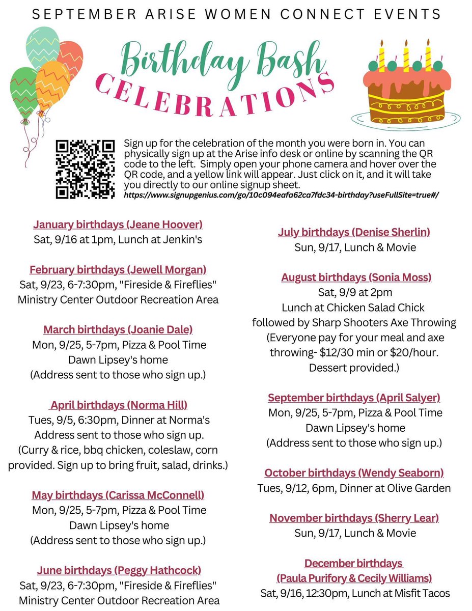 AriseWomenTN's tweet photo. IT'S SEPTEMBER AND IT'S BIRTHDAY MONTH FOR ALL OF US!

Sign up ASAP online or at the Arise info desk so we know to send you the details for your particular Birthday Bash!

https://t.co/lBOf14F6wS

*ESPECIALLY NEED TO SIGN UP FOR THE FOLLOWING EVENTS HAPPENING THIS WEEK! https://t.co/QT8NwpX1ej