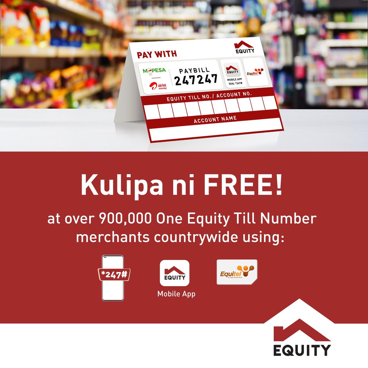 Je wajua <a href="/KeEquityBank/">Equity Bank Kenya</a> imemake it easy for customers to send money, make or receive payments for goods and services.The good news is Kulipa ni Free na Equity, or to send money (Kutuma pesa ni FREE na Equity).  #KulipaniFREENaEquity #KulipaNiEquity