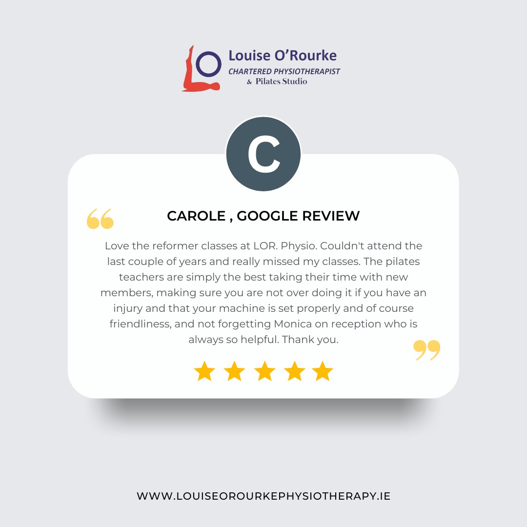 Thank you for the kind review Carole 🙏

Or visit our website ↙️
🌐 - louiseorourkephysiotherapy.ie

#physio #physiotherapy #health #treatment #mindbody #fitness #PilatesForAllAges #PhysioLedService #EmpoweringMovement #mindbodybalance #mindbodyandsoul #review #5star