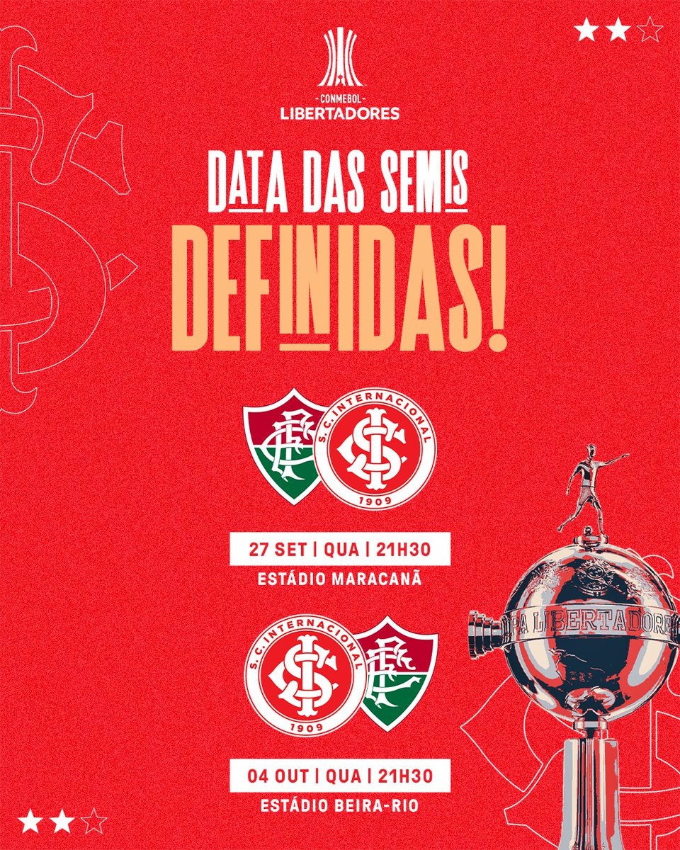 𝐃𝐀𝐓𝐀𝐒 𝐃𝐄𝐅𝐈𝐍𝐈𝐃𝐀𝐒! 👊💥

🔜 O jogo de ida da semifinal da Libertadores, entre Inter e Fluminense, será disputado às 21h30 da quarta-feira 27 de setembro, no Maracanã.

Uma semana depois, às 21h30 do dia 4 de outubro, o Beira-Rio receberá a partida de volta. 🔥🔥