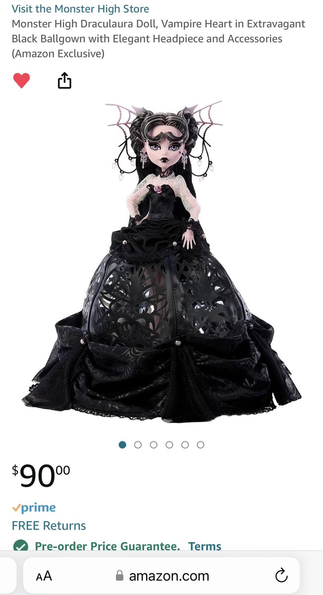 Draculaura_Bite's tweet photo. Did anyone’s listing just drop by $10? It was $100 when I put it in the cart but now it’s $90. Not complaining, but wondering if this is intentional. 

#MonsterHigh 
#Draculaura 
#VampireHeartDraculaura #Preorder #Amazon #AmazonPreorder #Mattel https://t.co/FtfZ4zBXnT