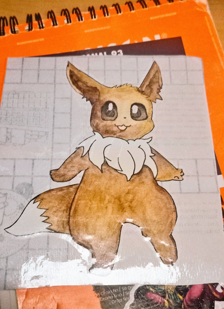 Sticker Évoli aquarelle et Poska fait cet été qu'une collègue doit coller dans le service ! Bientôt 10 on peut sortir un Pokédex ! ❤️ #Pokemon #évoli