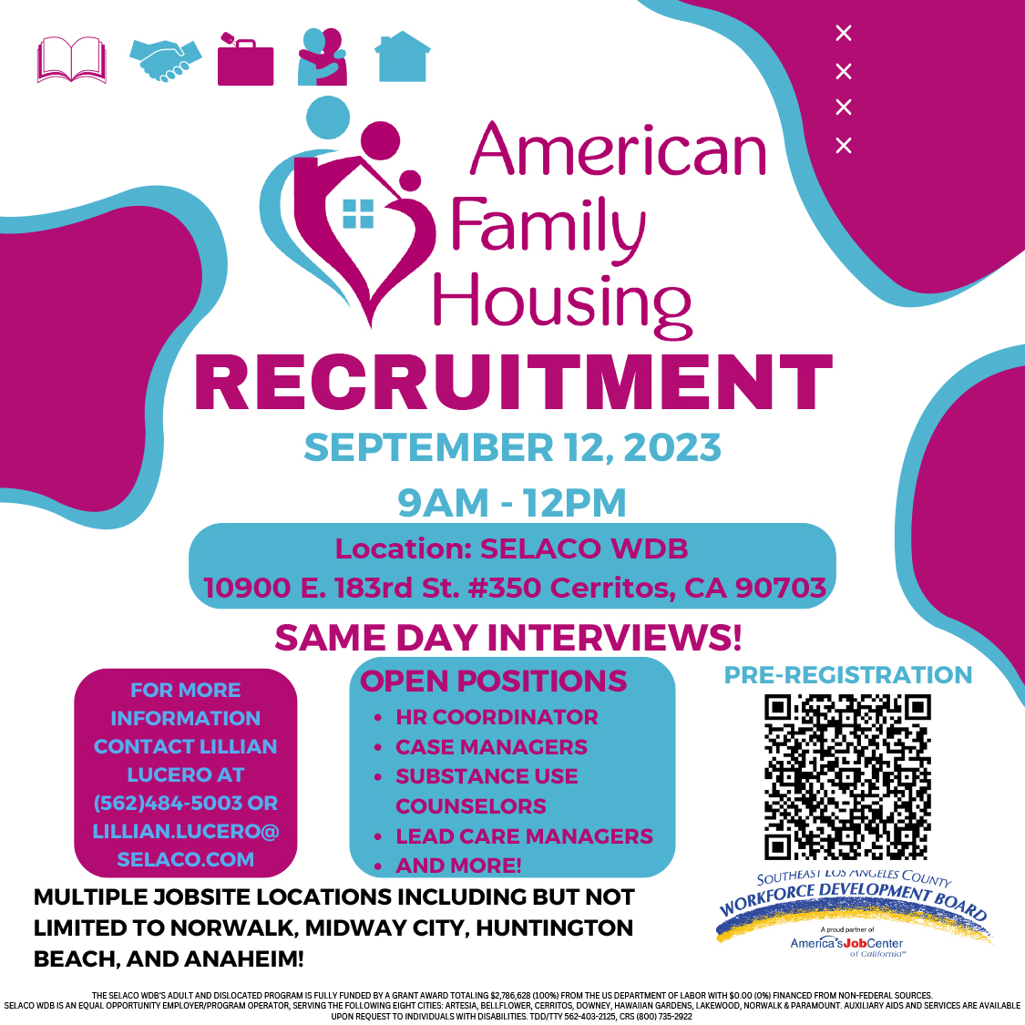 Pre-register Here!  forms.office.com/r/WcNqu36qcq

#AmericanFamilyHousing #selacowdb #ajcccerritos #jobseekers #jobrecruitment #directhire #cerritosca #jobs #nowhiring