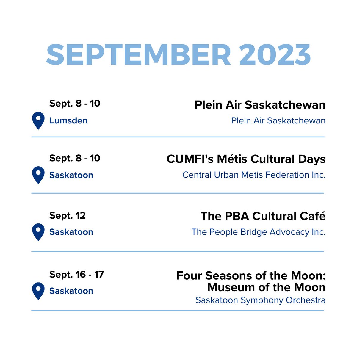 SaskCulture's tweet photo. Saskatchewan has an exciting month ahead! Make the most of the end of summer by soaking up meaningful cultural experiences in your community. ☀️

To check out SaskCulture-funded events and more, visit the SaskCulture Arts &amp; Culture Events Calendar. ➡️ https://t.co/qoIqeP3Gax https://t.co/UJiYlWwQRC