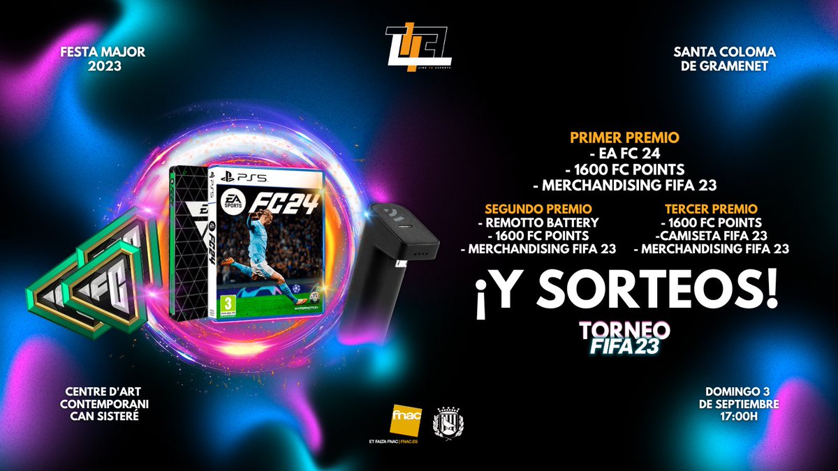 🚨Ya tenéis disponible el PRICE POOL del TORNEO FIFA 23 de Festa Major de Santa Coloma de Gramenet.
🙌🏼El domingo tres de vosotros os alzaréis con los diferentes premios. 
❗️Y TENDREMOS SORTEOS PARA LOS ASISTENTES Y PARTICIPANTES

#pricepool #sorteos #easportsfc #fifa23 #santako