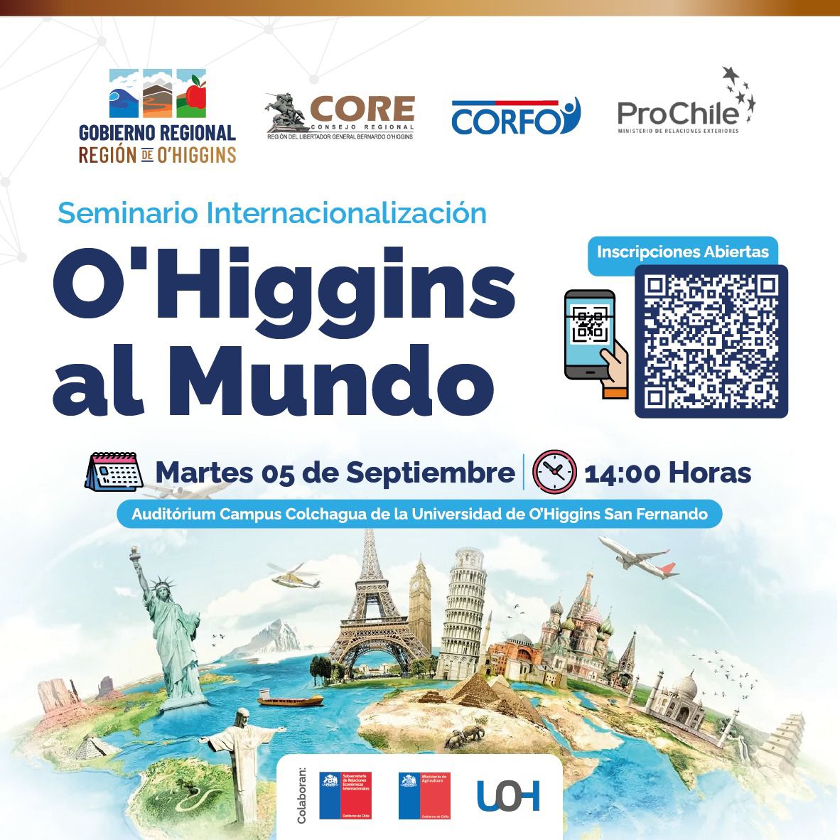 📌Junto al <a href="/GORE_OHiggins/">Gobierno Regional de O'Higgins</a>, <a href="/CorfoOHiggins/">Corfo O'Higgins</a>  y <a href="/ProChile_Oh/">ProChile O'Higgins</a>  te invitamos del “Seminario Internacionalización: De O’Higgins al Mundo”.
Agenda la fecha:
📅5 de septiembre
⏰ 14:00 horas
📍Universidad de O'Higgins, campus Colchagua
Inscríbete aquí 👉 tinyurl.com/23odo44z