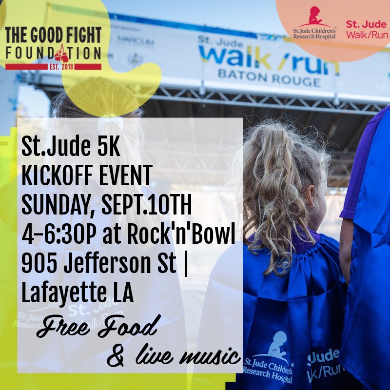 Join us next Sunday, September 10th from 4pm to 6:30pm at @rocknbowllafayette for our @stjudelouisiana KICKOFF event! We will be getting everyone registered for the St. Jude 5k walk/run taking place Saturday, September 30th at the 📍 AZ Young Park in Baton Rouge Stop by, sign up!